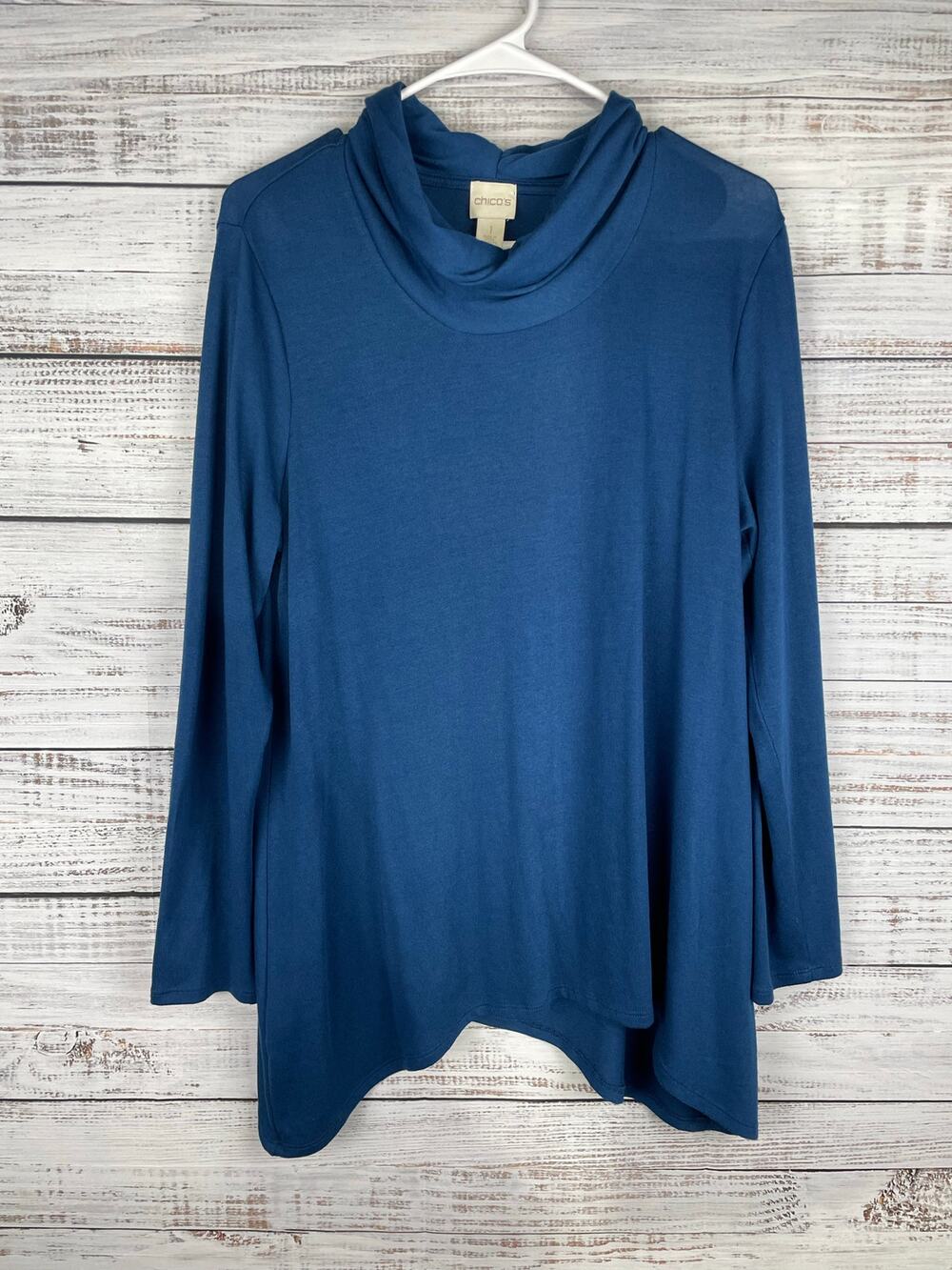 Chico’s Cowl neck Blue Long Sleeve Tunic Top Sharkbite 1 Medium Mature Office